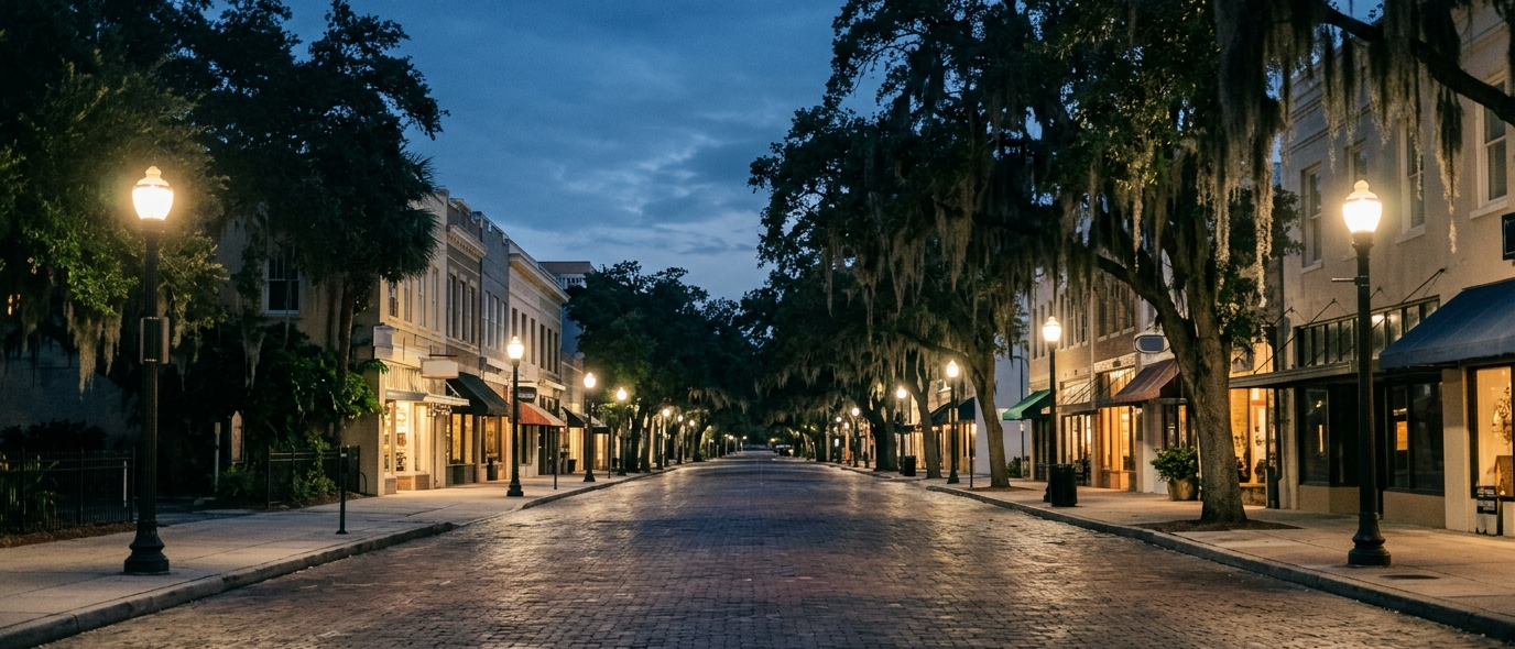 A brick-paved downtown St. Petersburg street at blue hour under live oaks, street lamps just lit