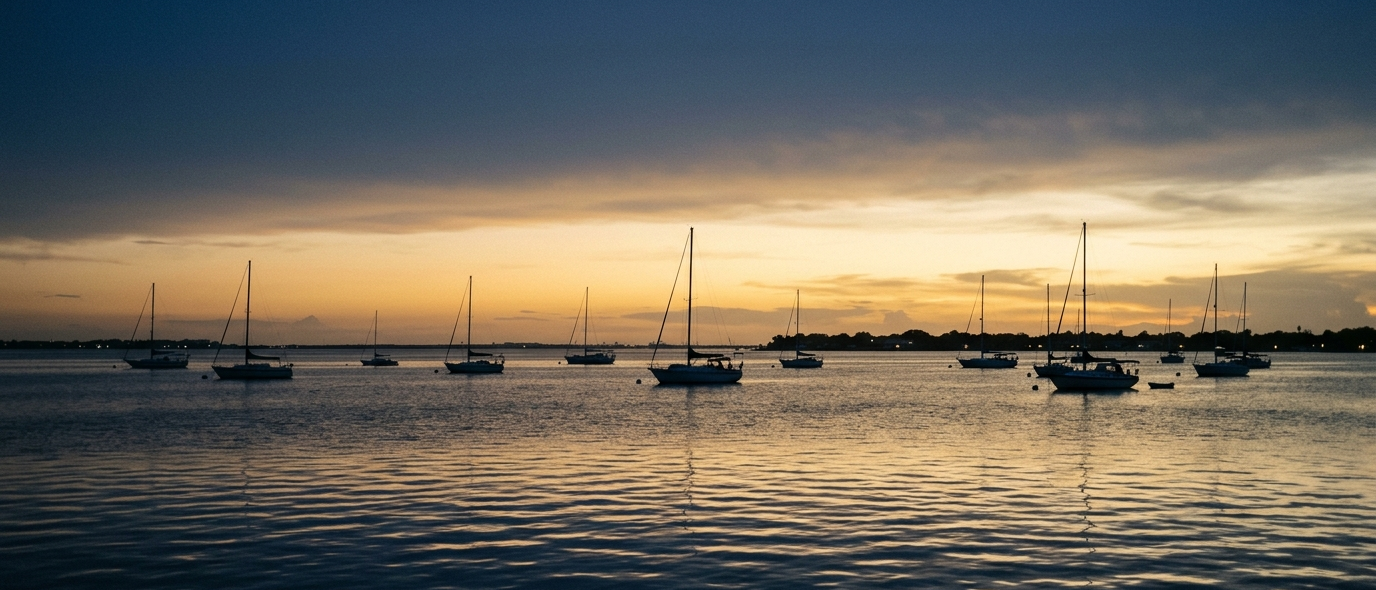 Tampa Bay at dusk, sailboats at anchor in silhouette against a gold sky