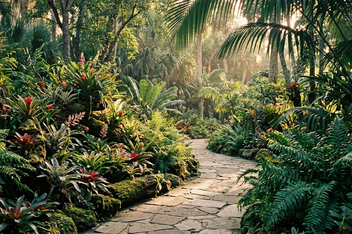 A stone path through a tropical garden of ferns, bromeliads and palms in dappled light