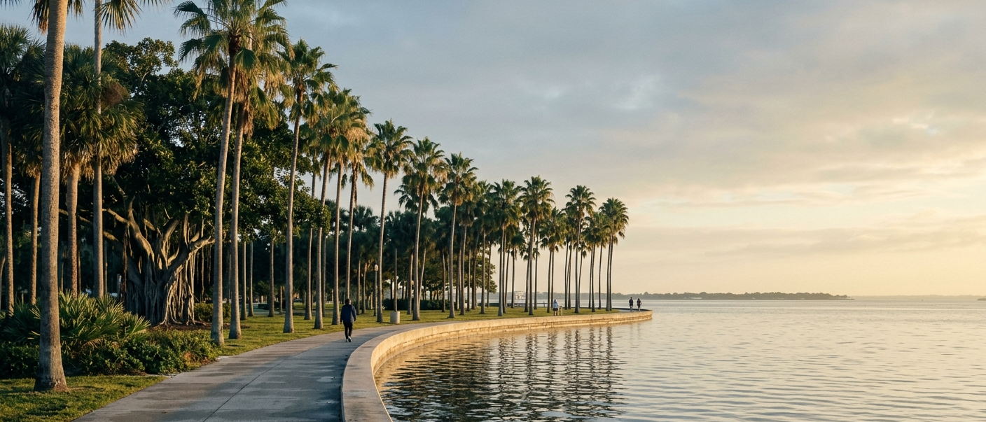 Royal palms along a bayfront walk in St. Petersburg, open Tampa Bay beyond