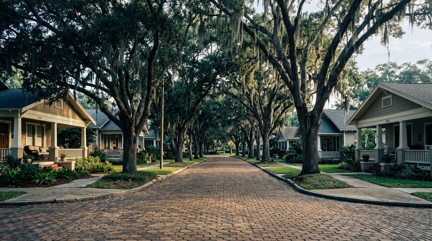 A brick-paved Old Northeast St. Petersburg street under live oaks, with 1920s bungalows on either side