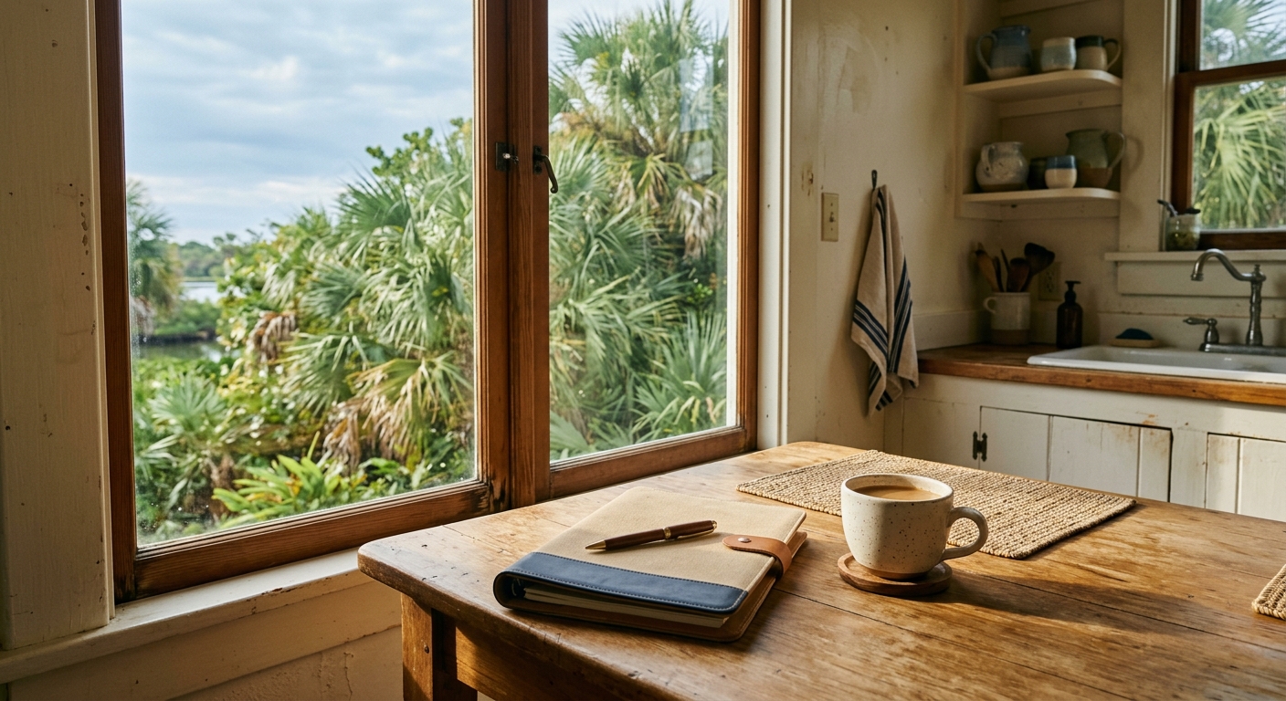 A sunlit kitchen table in a Florida bungalow with a coffee cup, a closed folder and a pen