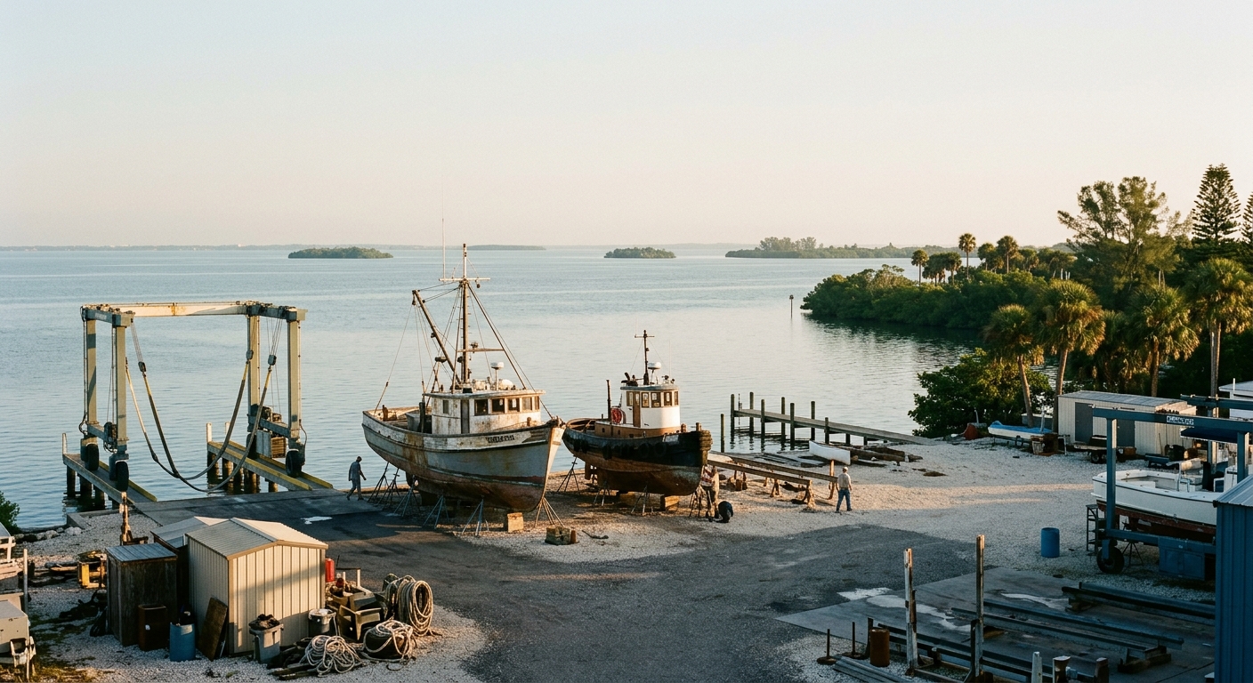 A small working boatyard on Tampa Bay with two boats on stands in morning light