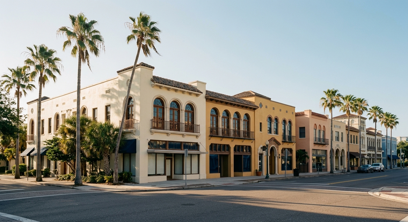 Two-story Mediterranean-revival buildings on a downtown St. Petersburg street in morning light