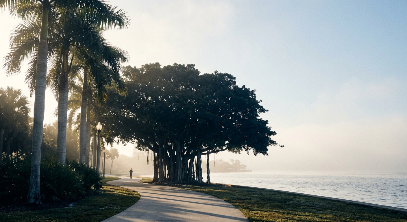 A waterfront park path in St. Petersburg lined with royal palms and a banyan tree, the bay beyond