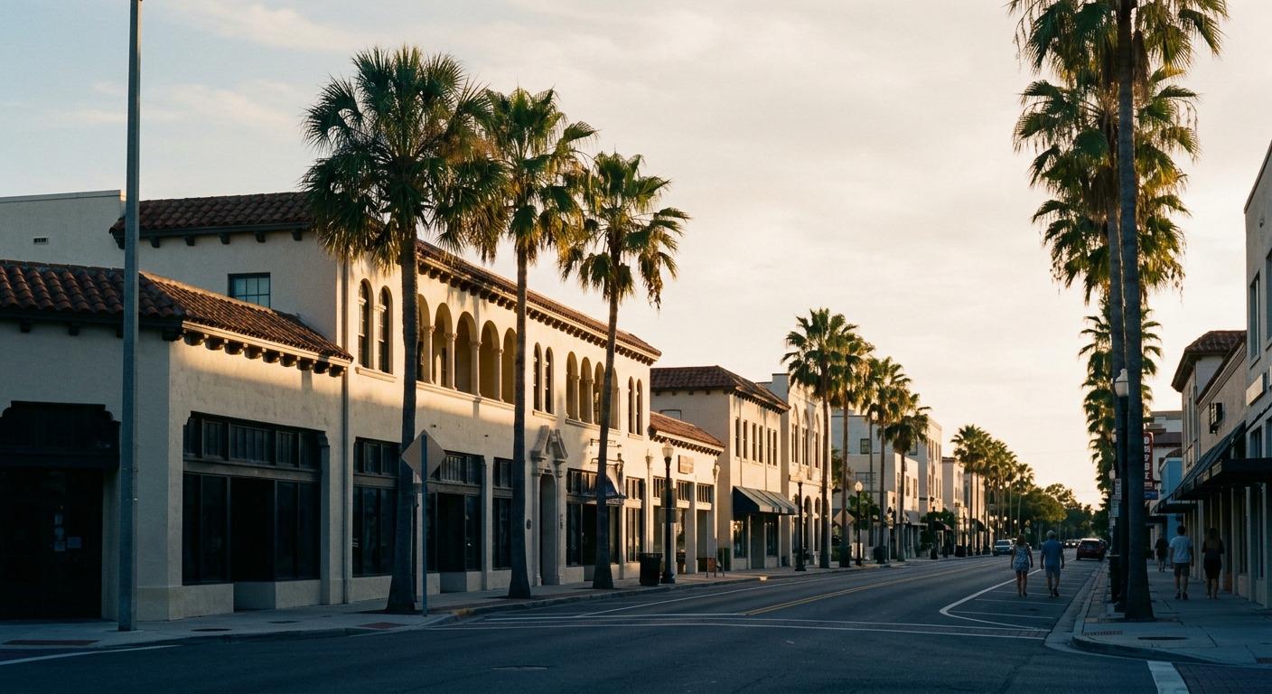 A downtown St. Petersburg avenue of Mediterranean-revival buildings and royal palms in late light