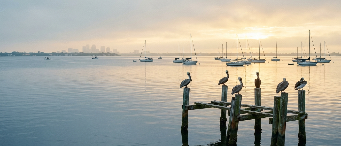 Tampa Bay at dawn from the St. Petersburg waterfront, sailboats on moorings and pelicans on old pilings