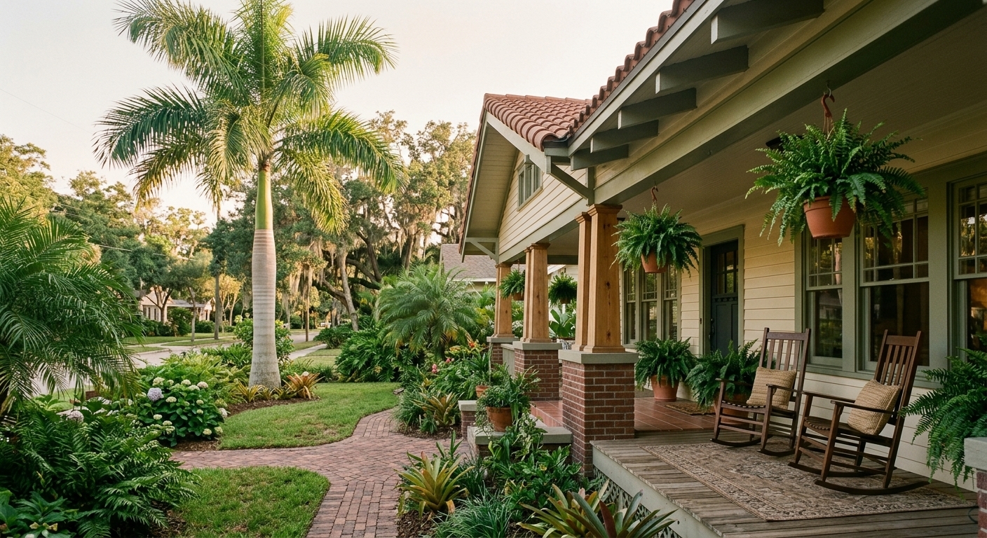 The deep front porch of a 1920s Craftsman bungalow in Old Northeast St. Petersburg, with rocking chairs