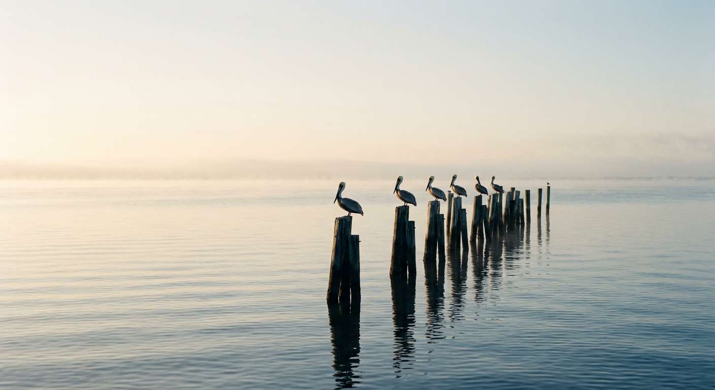 Flat-calm Tampa Bay at first light, pelicans resting on a line of old dock pilings in thin mist