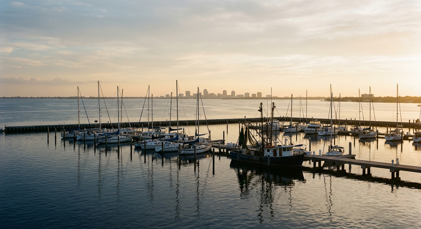 A St. Petersburg marina at dusk, sailboats and a trawler, the downtown skyline far behind