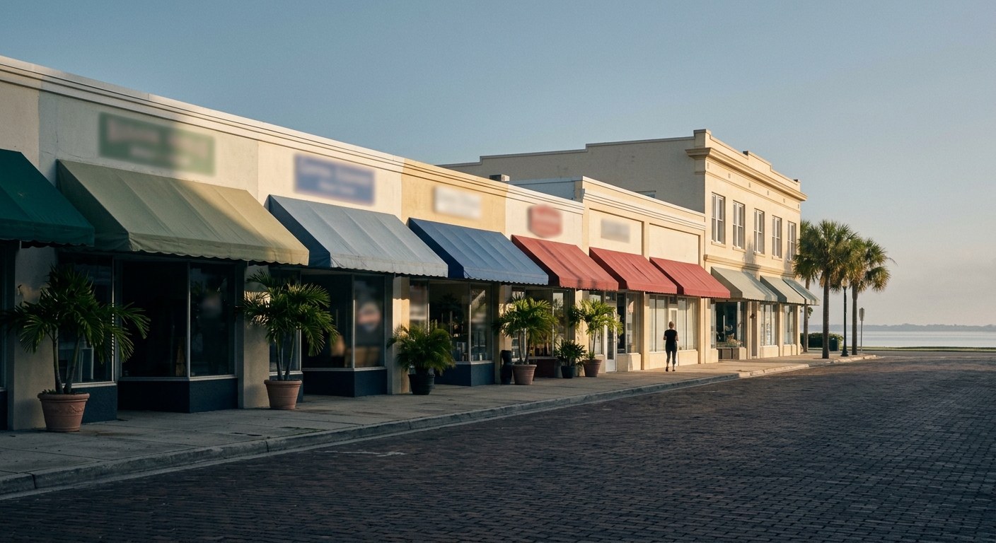 A row of St. Petersburg main-street shopfronts with canvas awnings in early morning light