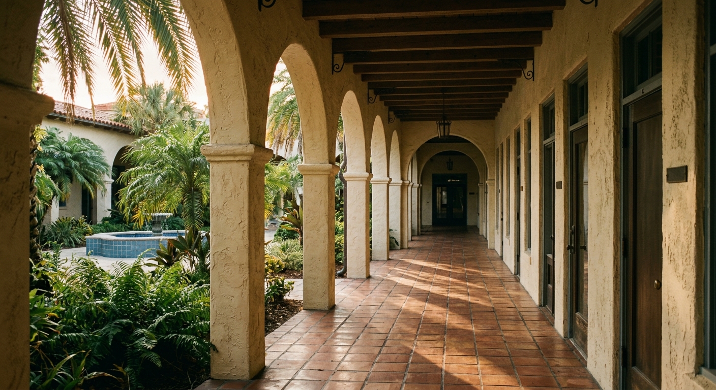 A shaded Mediterranean-revival arcade in St. Petersburg, arched loggia and terracotta tile