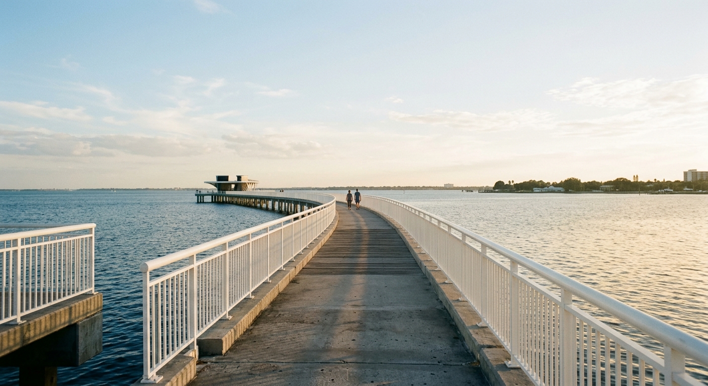 The approach to the St. Pete Pier, white railings running out into open bay water