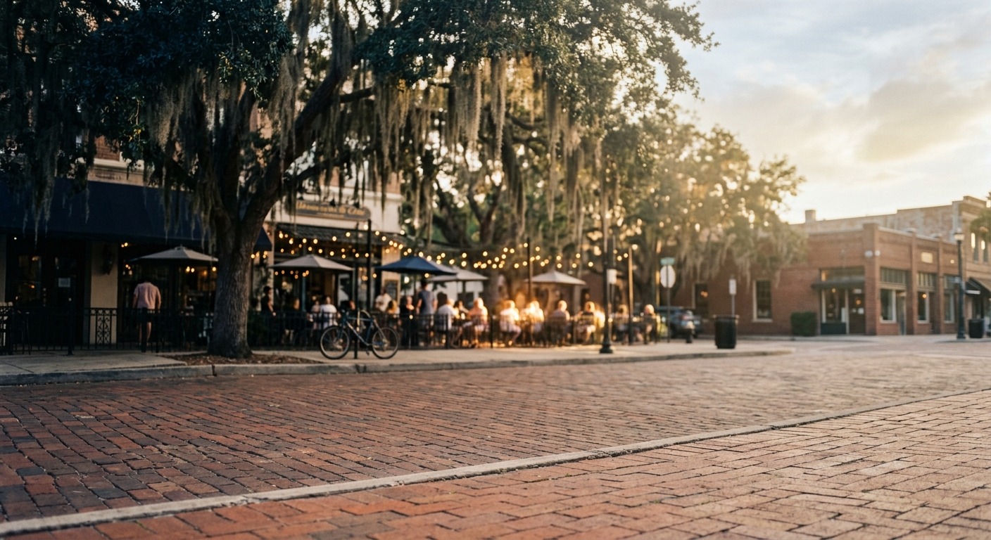 A sidewalk cafe terrace on a brick downtown St. Petersburg street at golden hour, under string lights