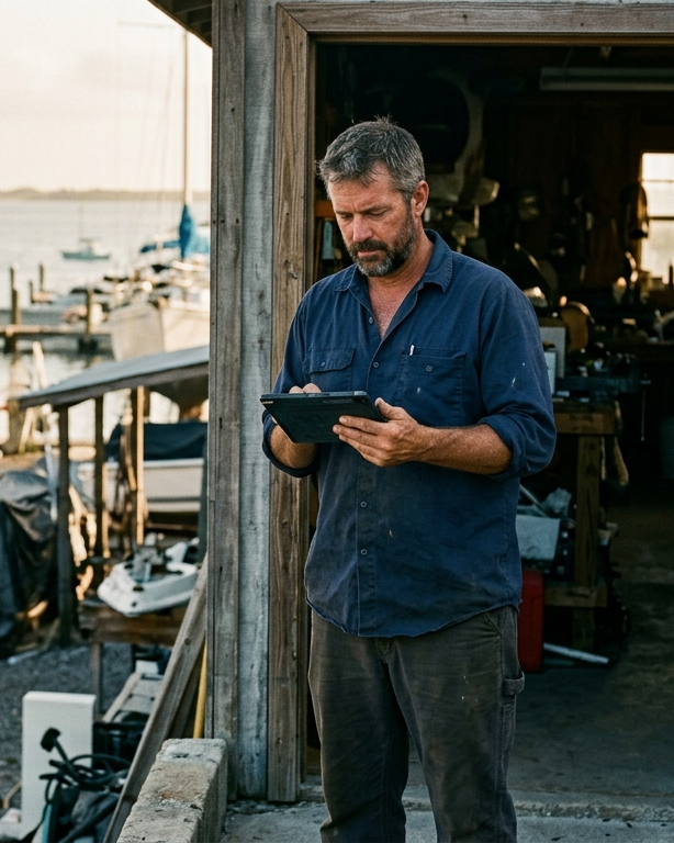 A boatyard owner reviews figures on a tablet in his workshop doorway