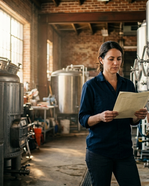 A brewery owner reads a printed cash-flow forecast between steel tanks