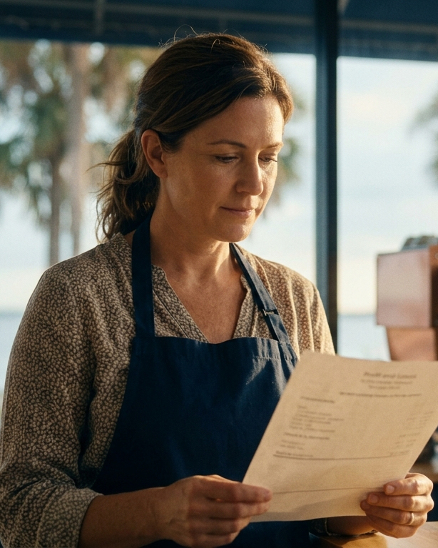 A cafe owner reviews a printed profit-and-loss sheet at her counter