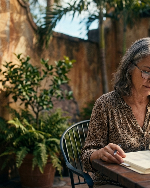 A business owner reviews bound financial documents on a shaded patio