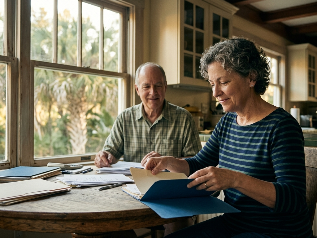 A couple sorts household tax papers into folders at their kitchen table