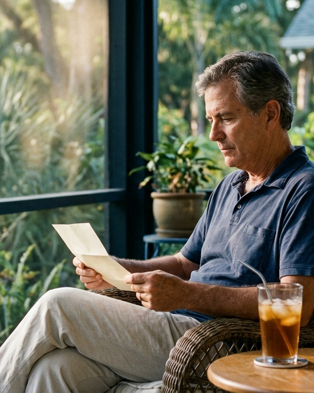A man reads a letter calmly on a screened Florida porch, iced tea beside him