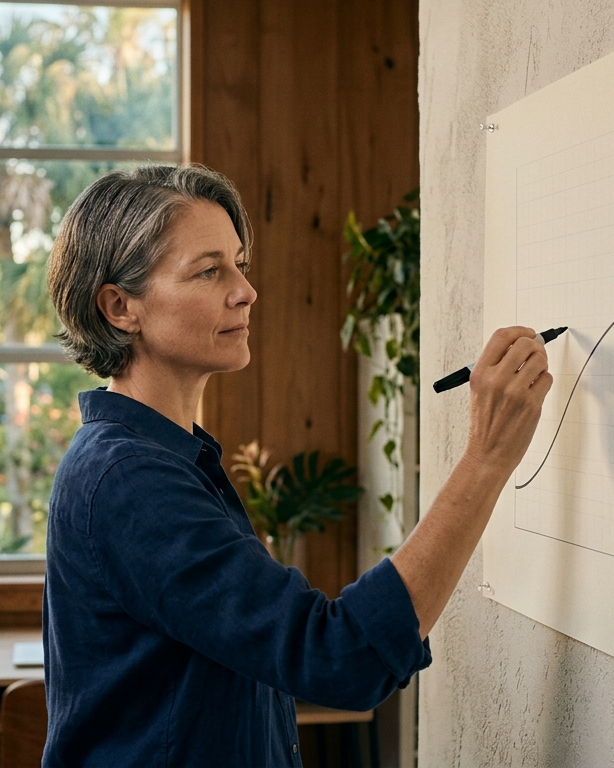 A business owner sketches a twelve-month cash-flow curve on a sheet pinned to a wall