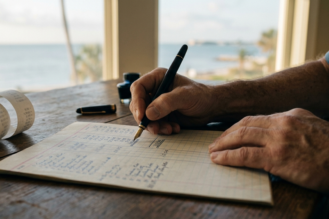A hand with a fountain pen underlines a column total on a printed ledger sheet