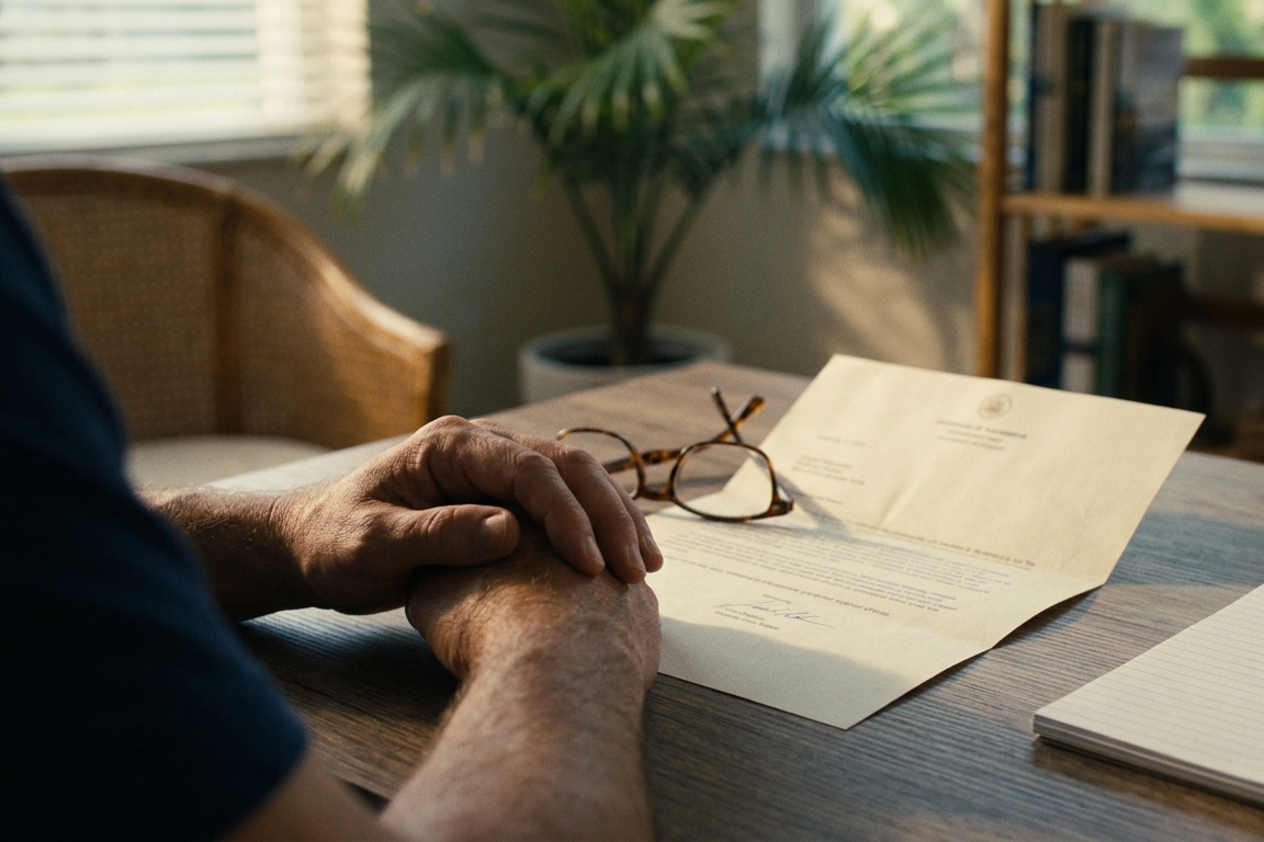 Hands with reading glasses resting on an official-looking letter on a desk