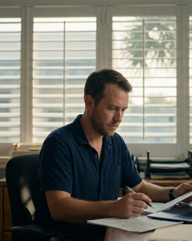 A shop owner reconciles a bank statement against a laptop at his desk