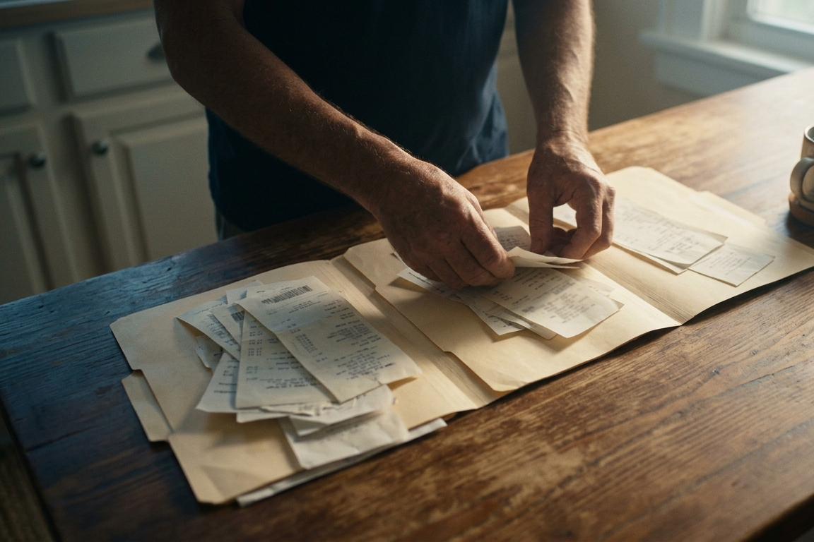 Hands sort paper receipts into manila folders on a kitchen table