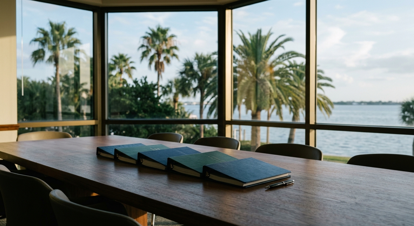 Binders on a boardroom table by a window onto palms