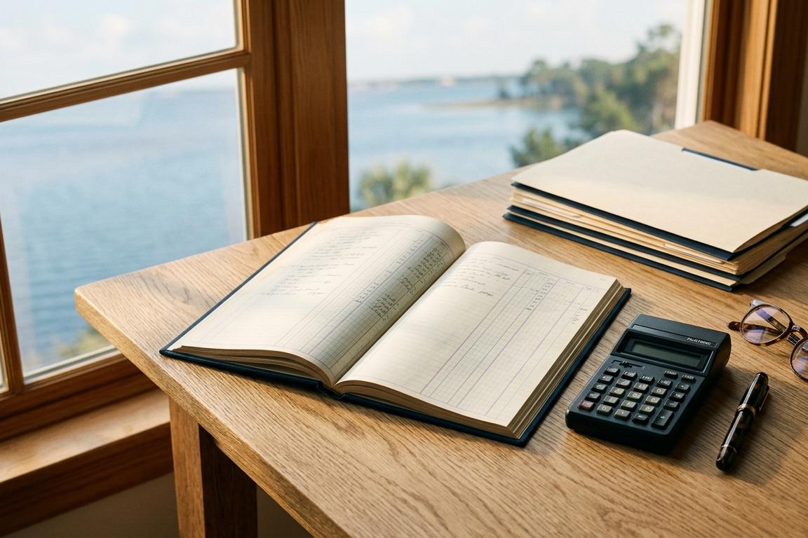 An organised accountant's desk with ledger, calculator and pen in window light